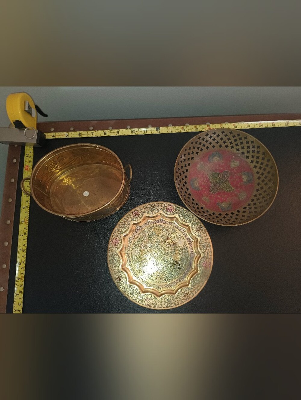 Vintage Indian Brass Decor Lot of 3 Embossed Planter, Peacock Plate Pierced Bowl